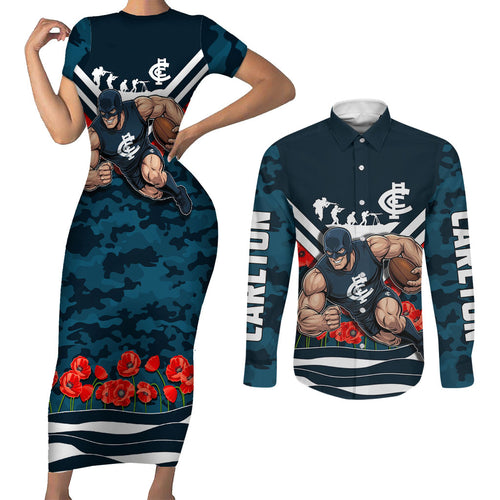 Personalised Carlton Blues ANZAC Couples Matching Short Sleeve Bodycon Dress and Long Sleeve Button Shirt Military Remembrance Australian Football Mascot Camouflage