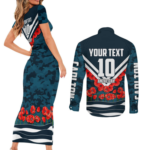 Personalised Carlton Blues ANZAC Couples Matching Short Sleeve Bodycon Dress and Long Sleeve Button Shirt Military Remembrance Australian Football Mascot Camouflage