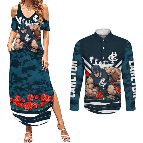 Personalised Carlton Blues ANZAC Couples Matching Summer Maxi Dress and Long Sleeve Button Shirt Military Remembrance Australian Football Mascot Camouflage