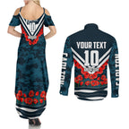Personalised Carlton Blues ANZAC Couples Matching Summer Maxi Dress and Long Sleeve Button Shirt Military Remembrance Australian Football Mascot Camouflage