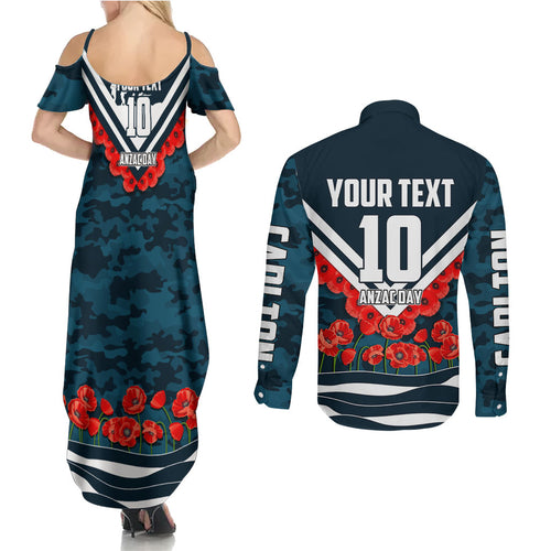 Personalised Carlton Blues ANZAC Couples Matching Summer Maxi Dress and Long Sleeve Button Shirt Military Remembrance Australian Football Mascot Camouflage