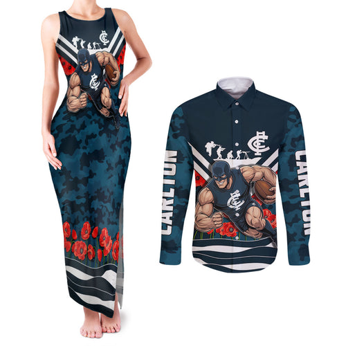 Personalised Carlton Blues ANZAC Couples Matching Tank Maxi Dress and Long Sleeve Button Shirt Military Remembrance Australian Football Mascot Camouflage