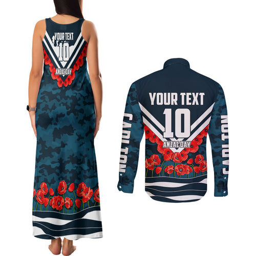 Personalised Carlton Blues ANZAC Couples Matching Tank Maxi Dress and Long Sleeve Button Shirt Military Remembrance Australian Football Mascot Camouflage