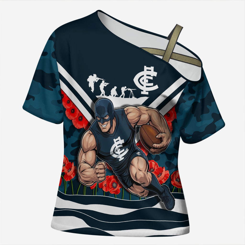 Personalised Carlton Blues ANZAC Cross Shoulder Shirt Military Remembrance Australian Football Mascot Camouflage