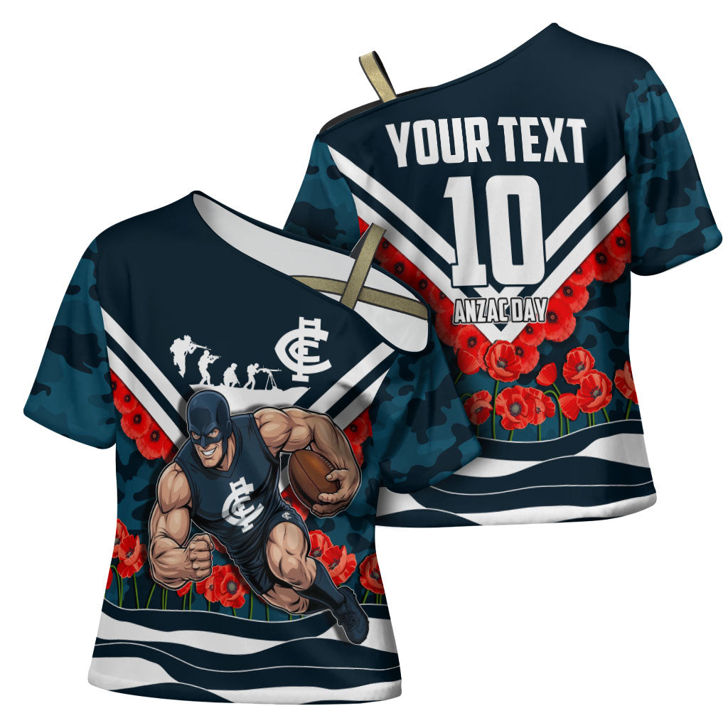 Personalised Carlton Blues ANZAC Cross Shoulder Shirt Military Remembrance Australian Football Mascot Camouflage