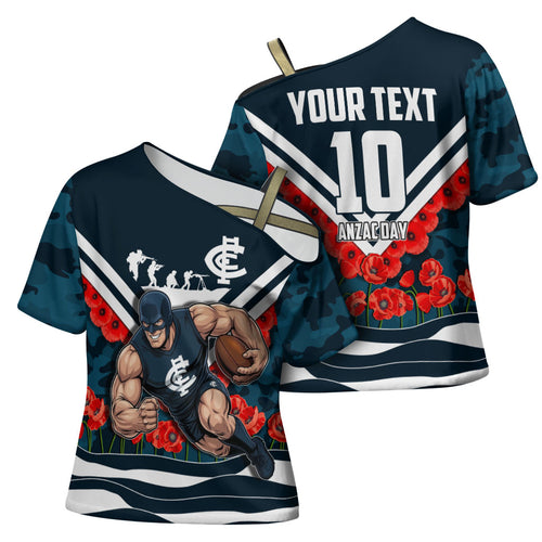 Personalised Carlton Blues ANZAC Cross Shoulder Shirt Military Remembrance Australian Football Mascot Camouflage