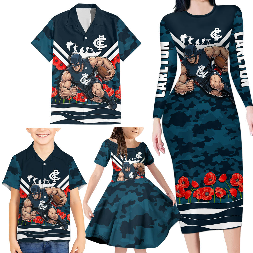 Personalised Carlton Blues ANZAC Family Matching Long Sleeve Bodycon Dress and Hawaiian Shirt Military Remembrance Australian Football Mascot Camouflage