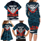 Personalised Carlton Blues ANZAC Family Matching Long Sleeve Bodycon Dress and Hawaiian Shirt Military Remembrance Australian Football Mascot Camouflage