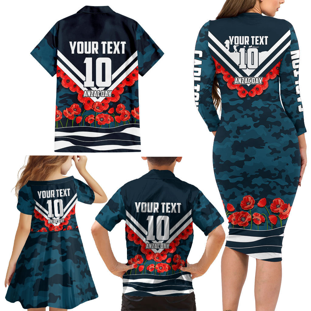 Personalised Carlton Blues ANZAC Family Matching Long Sleeve Bodycon Dress and Hawaiian Shirt Military Remembrance Australian Football Mascot Camouflage