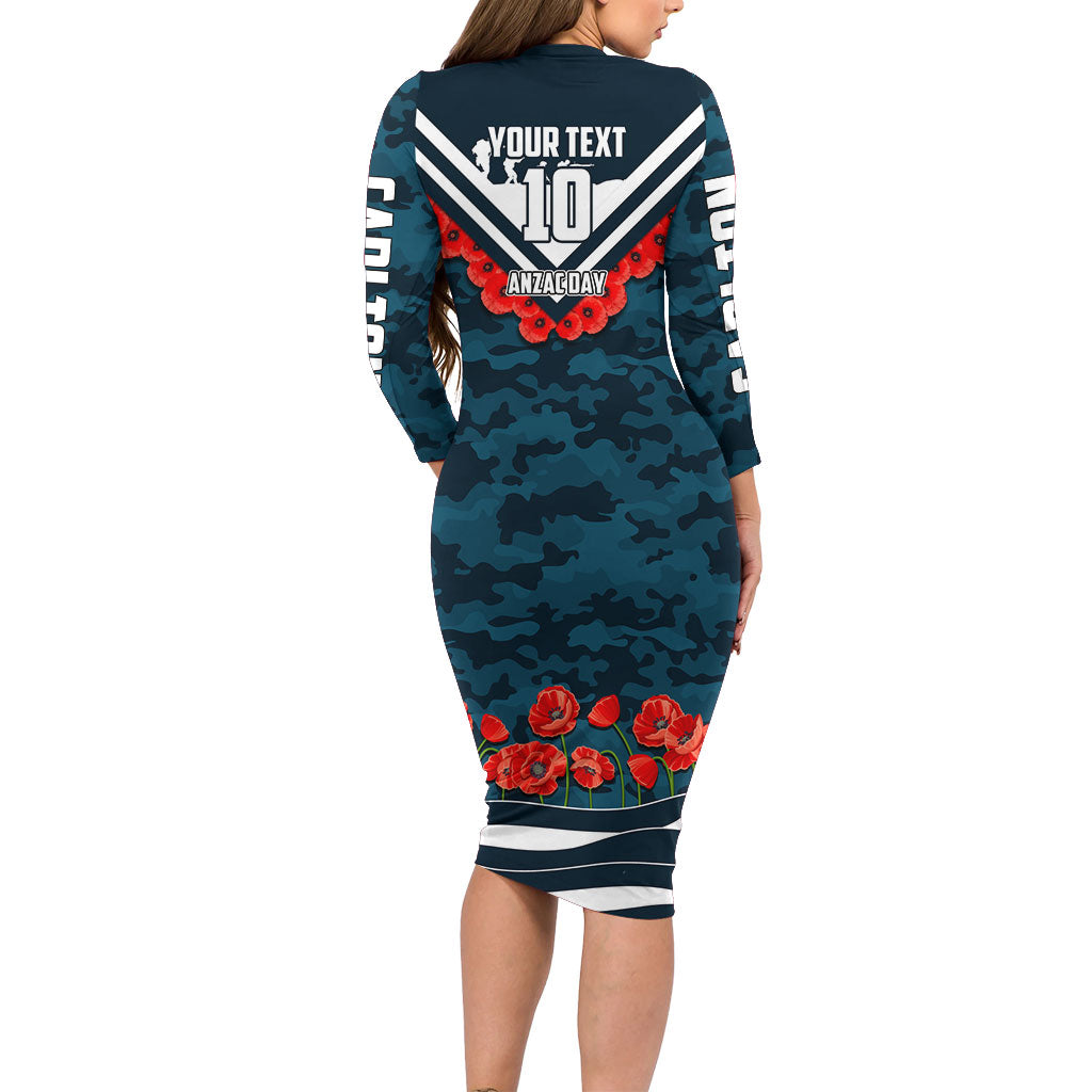 Personalised Carlton Blues ANZAC Family Matching Long Sleeve Bodycon Dress and Hawaiian Shirt Military Remembrance Australian Football Mascot Camouflage