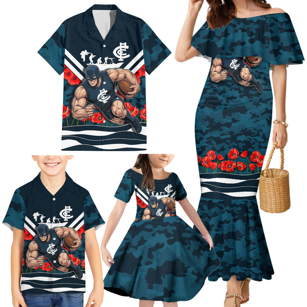 Personalised Carlton Blues ANZAC Family Matching Mermaid Dress and Hawaiian Shirt Military Remembrance Australian Football Mascot Camouflage