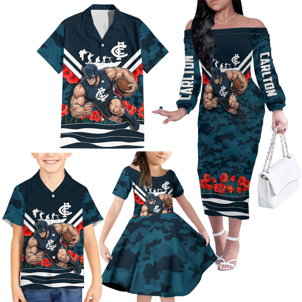 Personalised Carlton Blues ANZAC Family Matching Off The Shoulder Long Sleeve Dress and Hawaiian Shirt Military Remembrance Australian Football Mascot Camouflage