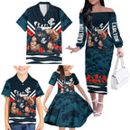 Personalised Carlton Blues ANZAC Family Matching Off The Shoulder Long Sleeve Dress and Hawaiian Shirt Military Remembrance Australian Football Mascot Camouflage