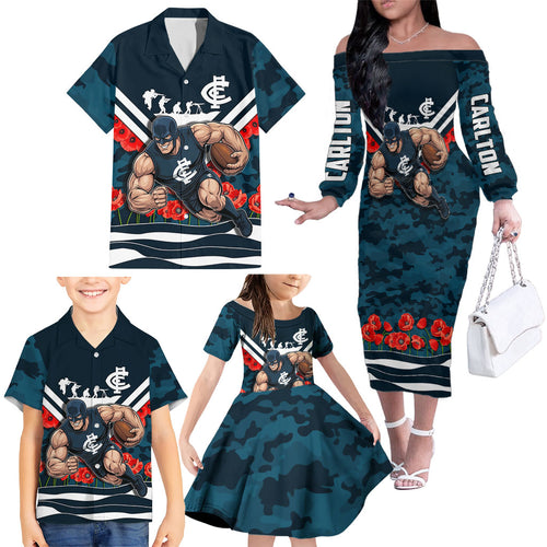 Personalised Carlton Blues ANZAC Family Matching Off The Shoulder Long Sleeve Dress and Hawaiian Shirt Military Remembrance Australian Football Mascot Camouflage