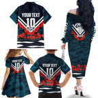 Personalised Carlton Blues ANZAC Family Matching Off The Shoulder Long Sleeve Dress and Hawaiian Shirt Military Remembrance Australian Football Mascot Camouflage