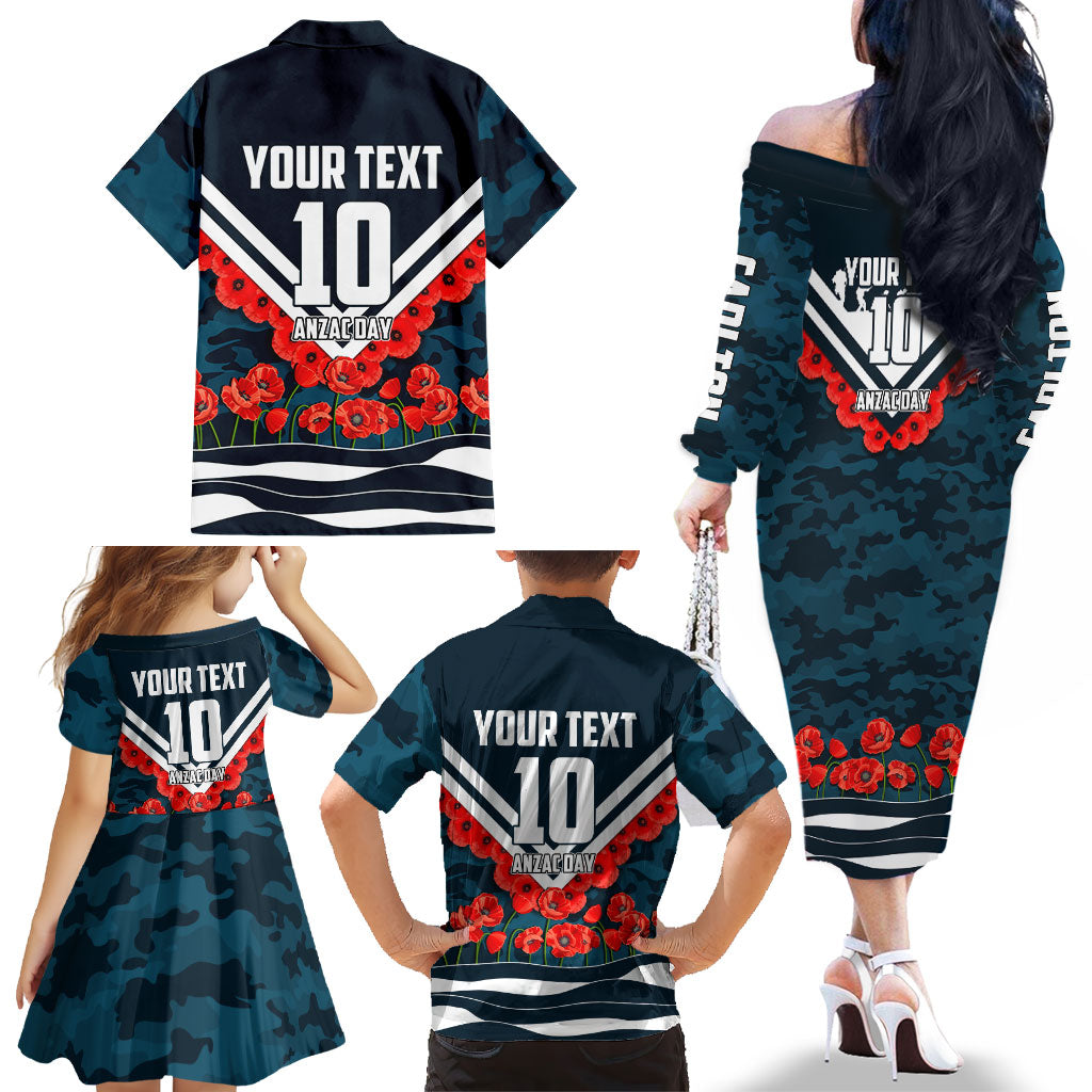 Personalised Carlton Blues ANZAC Family Matching Off The Shoulder Long Sleeve Dress and Hawaiian Shirt Military Remembrance Australian Football Mascot Camouflage