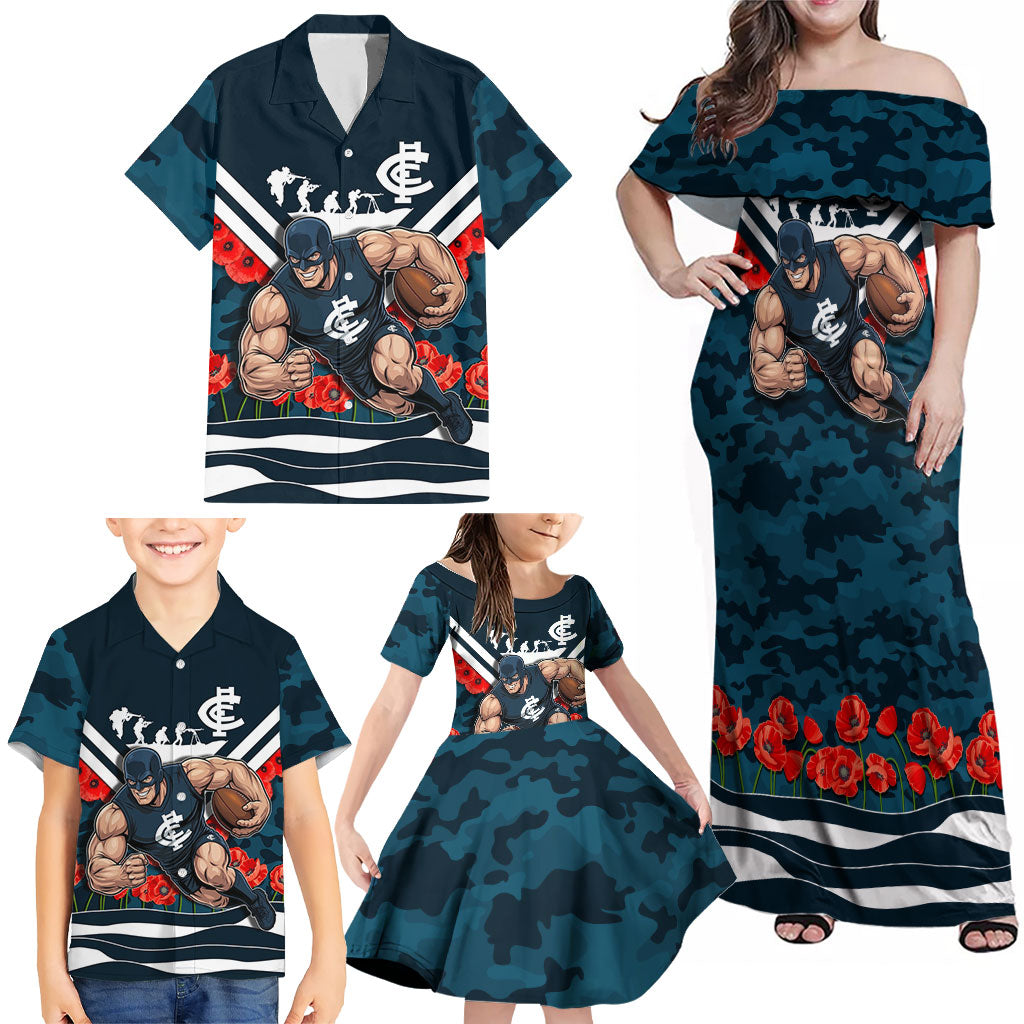 Personalised Carlton Blues ANZAC Family Matching Off Shoulder Maxi Dress and Hawaiian Shirt Military Remembrance Australian Football Mascot Camouflage