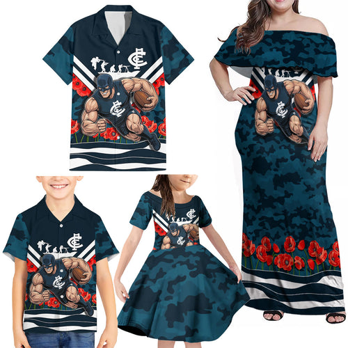 Personalised Carlton Blues ANZAC Family Matching Off Shoulder Maxi Dress and Hawaiian Shirt Military Remembrance Australian Football Mascot Camouflage