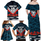 Personalised Carlton Blues ANZAC Family Matching Off Shoulder Maxi Dress and Hawaiian Shirt Military Remembrance Australian Football Mascot Camouflage