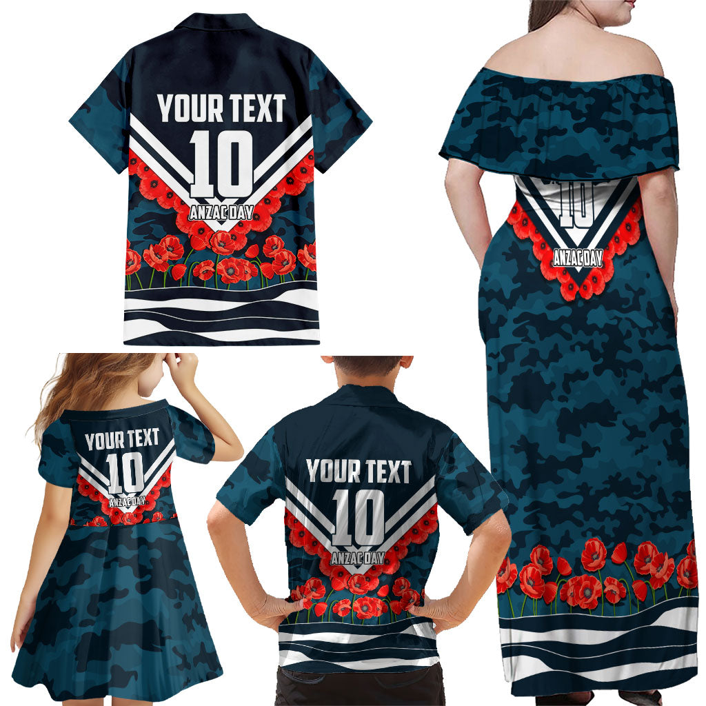 Personalised Carlton Blues ANZAC Family Matching Off Shoulder Maxi Dress and Hawaiian Shirt Military Remembrance Australian Football Mascot Camouflage