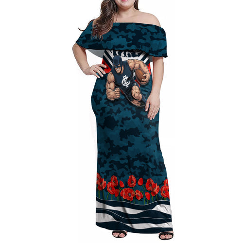 Personalised Carlton Blues ANZAC Family Matching Off Shoulder Maxi Dress and Hawaiian Shirt Military Remembrance Australian Football Mascot Camouflage