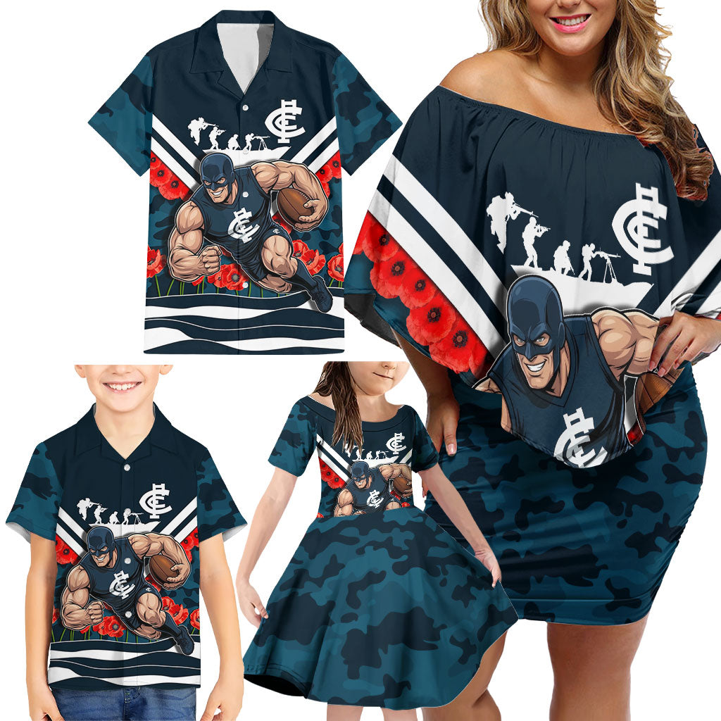 Personalised Carlton Blues ANZAC Family Matching Off Shoulder Short Dress and Hawaiian Shirt Military Remembrance Australian Football Mascot Camouflage