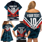 Personalised Carlton Blues ANZAC Family Matching Off Shoulder Short Dress and Hawaiian Shirt Military Remembrance Australian Football Mascot Camouflage