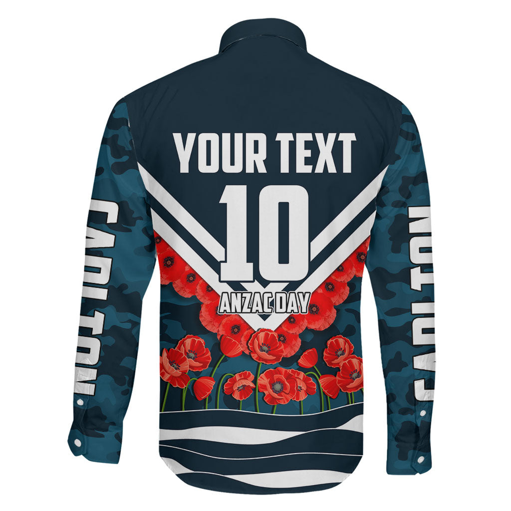 Personalised Carlton Blues ANZAC Family Matching Off Shoulder Short Dress and Hawaiian Shirt Military Remembrance Australian Football Mascot Camouflage