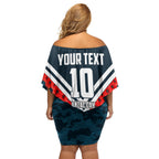 Personalised Carlton Blues ANZAC Family Matching Off Shoulder Short Dress and Hawaiian Shirt Military Remembrance Australian Football Mascot Camouflage