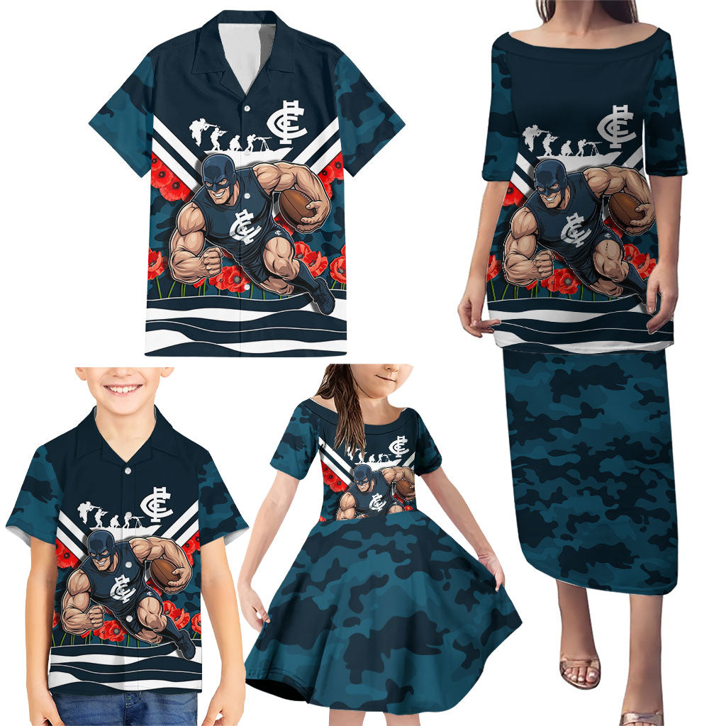 Personalised Carlton Blues ANZAC Family Matching Puletasi and Hawaiian Shirt Military Remembrance Australian Football Mascot Camouflage