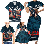 Personalised Carlton Blues ANZAC Family Matching Short Sleeve Bodycon Dress and Hawaiian Shirt Military Remembrance Australian Football Mascot Camouflage