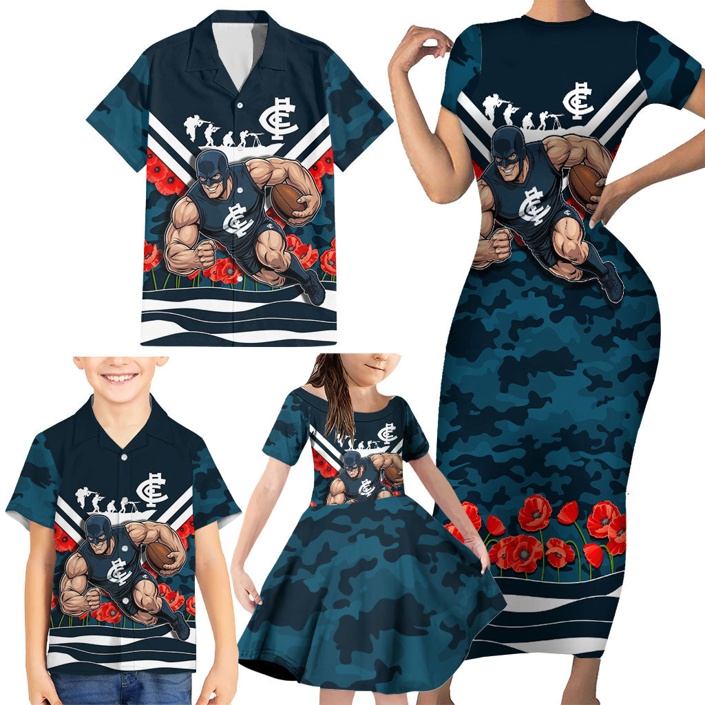 Personalised Carlton Blues ANZAC Family Matching Short Sleeve Bodycon Dress and Hawaiian Shirt Military Remembrance Australian Football Mascot Camouflage