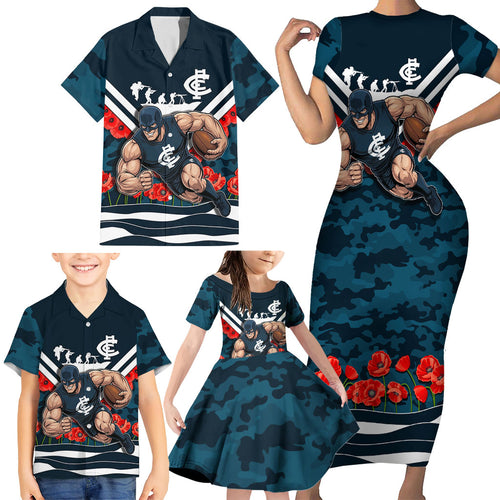 Personalised Carlton Blues ANZAC Family Matching Short Sleeve Bodycon Dress and Hawaiian Shirt Military Remembrance Australian Football Mascot Camouflage