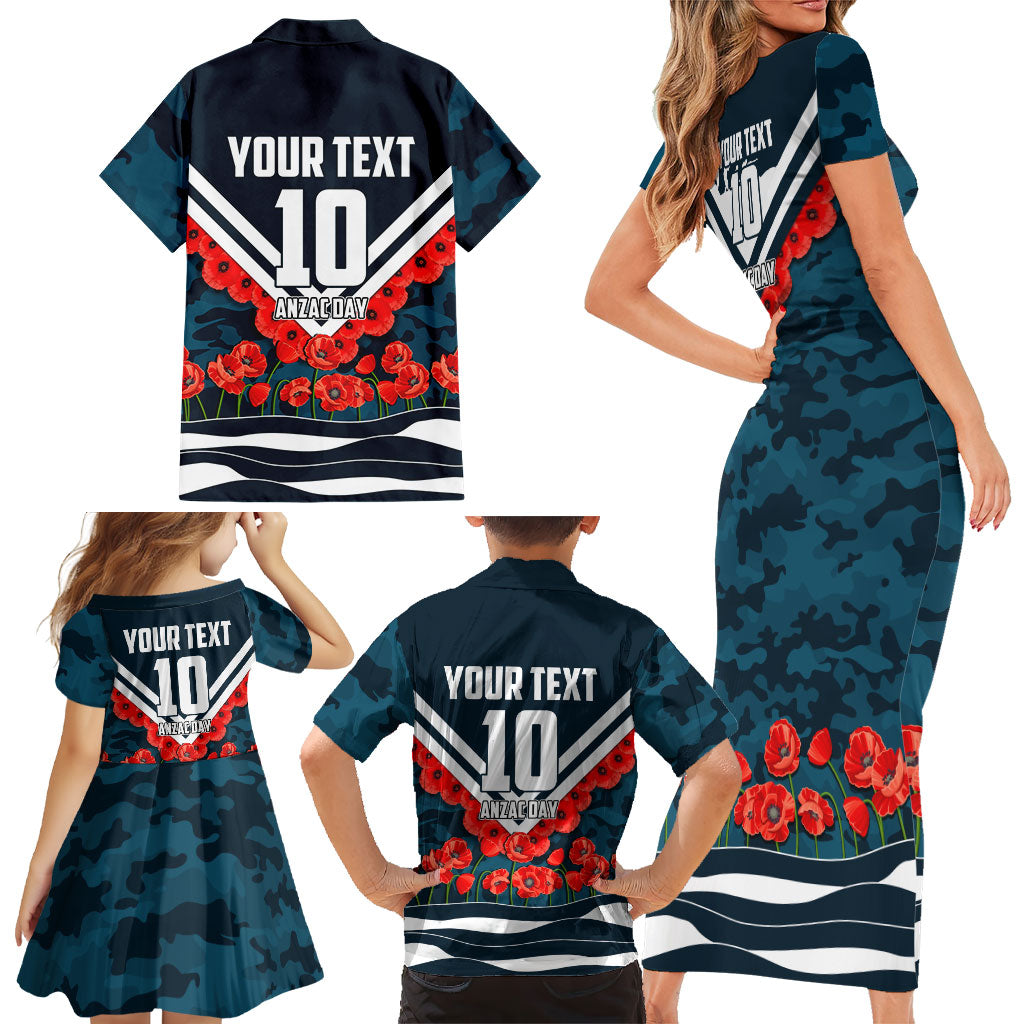 Personalised Carlton Blues ANZAC Family Matching Short Sleeve Bodycon Dress and Hawaiian Shirt Military Remembrance Australian Football Mascot Camouflage