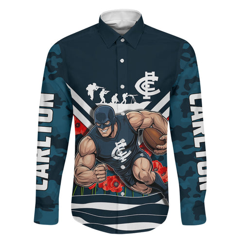 Personalised Carlton Blues ANZAC Family Matching Short Sleeve Bodycon Dress and Hawaiian Shirt Military Remembrance Australian Football Mascot Camouflage