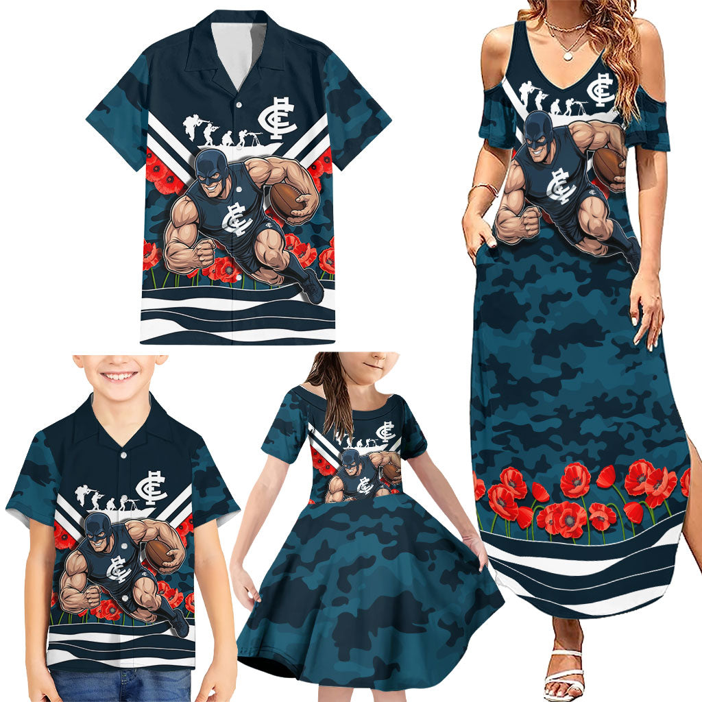 Personalised Carlton Blues ANZAC Family Matching Summer Maxi Dress and Hawaiian Shirt Military Remembrance Australian Football Mascot Camouflage