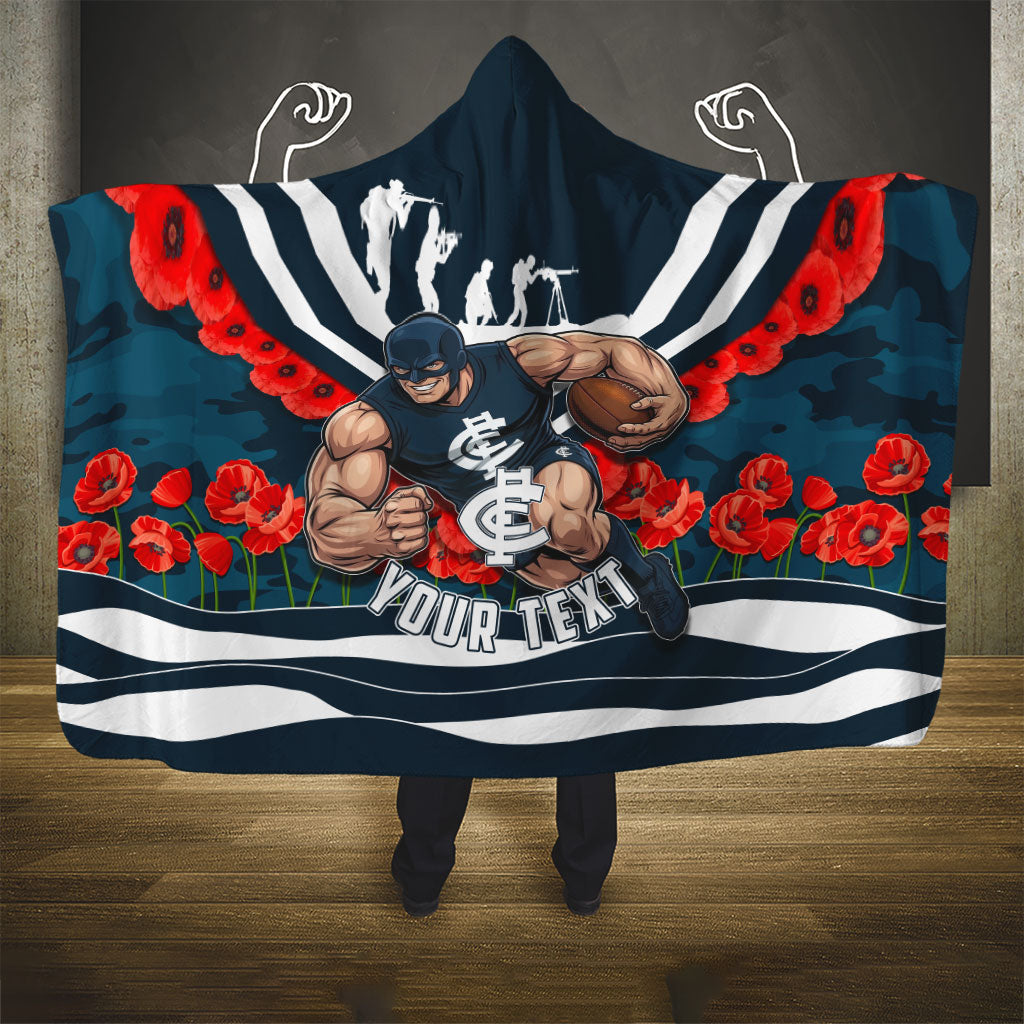 Personalised Carlton Blues ANZAC Hooded Blanket Military Remembrance Australian Football Mascot Camouflage
