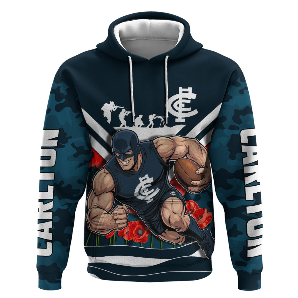 Personalised Carlton Blues ANZAC Hoodie Military Remembrance Australian Football Mascot Camouflage