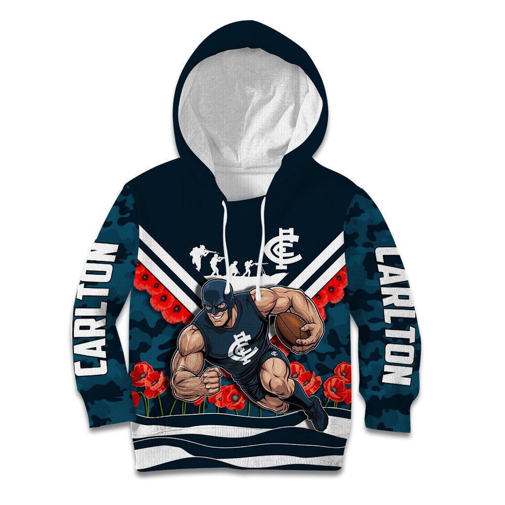 Personalised Carlton Blues ANZAC Kid Hoodie Military Remembrance Australian Football Mascot Camouflage