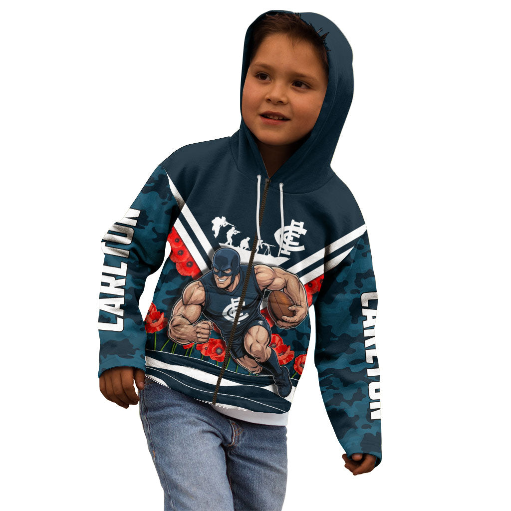 Personalised Carlton Blues ANZAC Kid Hoodie Military Remembrance Australian Football Mascot Camouflage