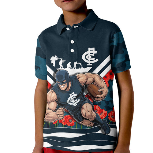 Personalised Carlton Blues ANZAC Kid Polo Shirt Military Remembrance Australian Football Mascot Camouflage