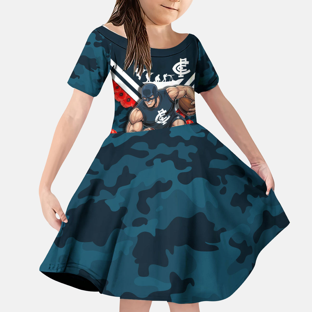 Personalised Carlton Blues ANZAC Kid Short Sleeve Dress Military Remembrance Australian Football Mascot Camouflage