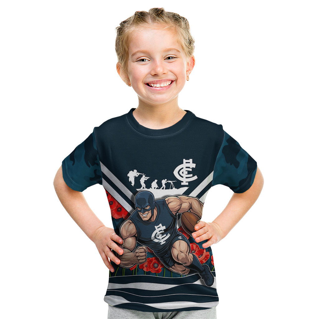 Personalised Carlton Blues ANZAC Kid T Shirt Military Remembrance Australian Football Mascot Camouflage