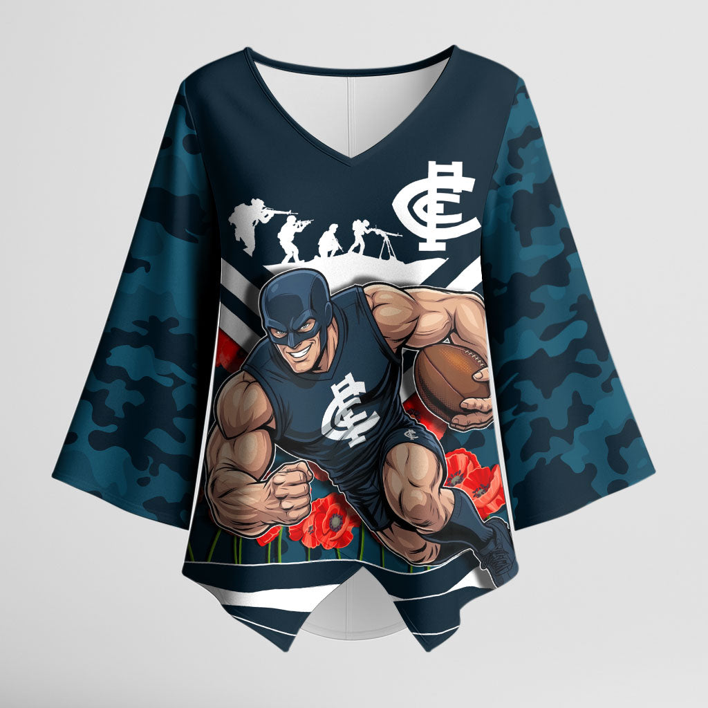 Personalised Carlton Blues ANZAC Kimono Sleeve Blouse Military Remembrance Australian Football Mascot Camouflage