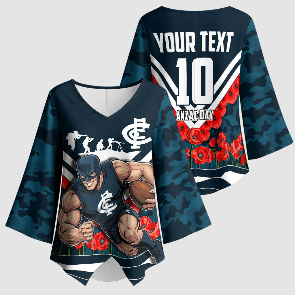 Personalised Carlton Blues ANZAC Kimono Sleeve Blouse Military Remembrance Australian Football Mascot Camouflage
