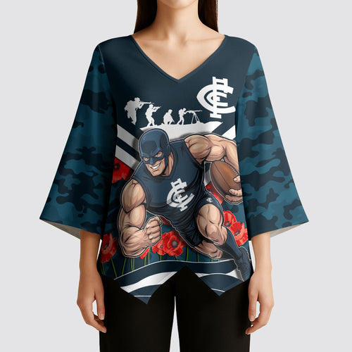 Personalised Carlton Blues ANZAC Kimono Sleeve Blouse Military Remembrance Australian Football Mascot Camouflage