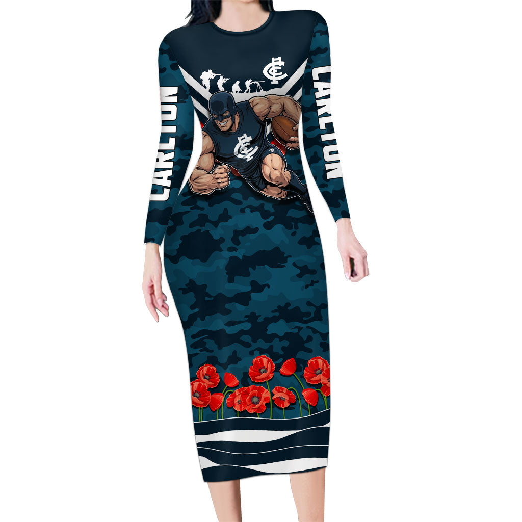Personalised Carlton Blues ANZAC Long Sleeve Bodycon Dress Military Remembrance Australian Football Mascot Camouflage