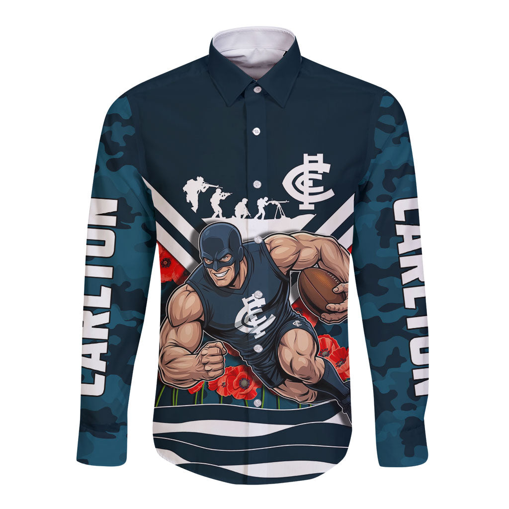 Personalised Carlton Blues ANZAC Long Sleeve Button Shirt Military Remembrance Australian Football Mascot Camouflage