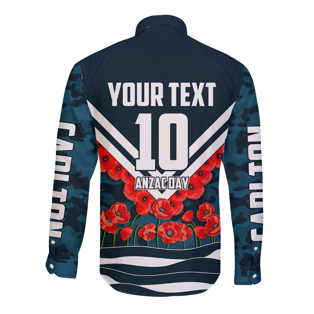 Personalised Carlton Blues ANZAC Long Sleeve Button Shirt Military Remembrance Australian Football Mascot Camouflage