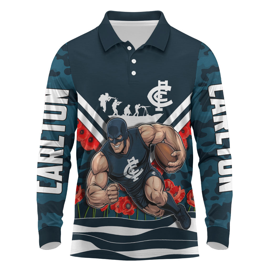 Personalised Carlton Blues ANZAC Long Sleeve Polo Shirt Military Remembrance Australian Football Mascot Camouflage